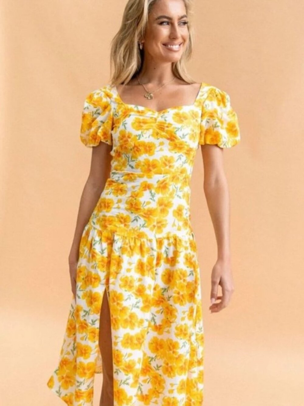 EUC – Petal and Pup White and Yellow Floral Linen Blend Midi Dress – Size 10